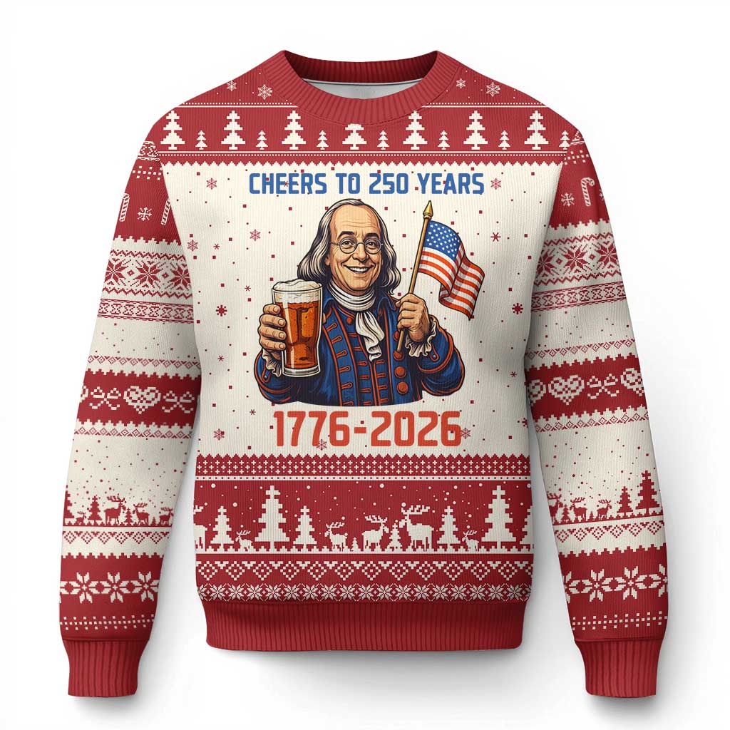 Funny Benjamin Franklin Ugly Christmas Sweater Cheers To 250 Years TS12 Beige Red Print Your Wear
