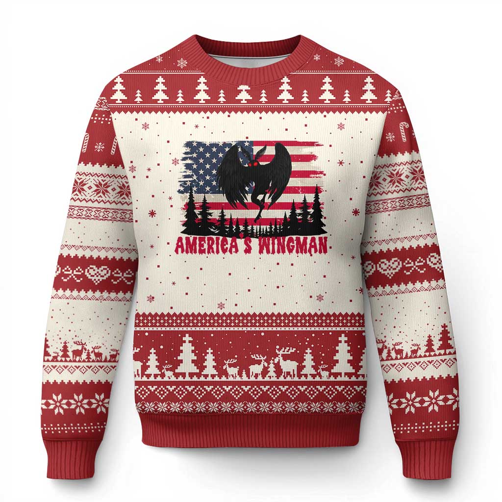 Mothman Americas Wingman Ugly Christmas Sweater Funny Patriotic Cryptid TS12 Beige Red Print Your Wear