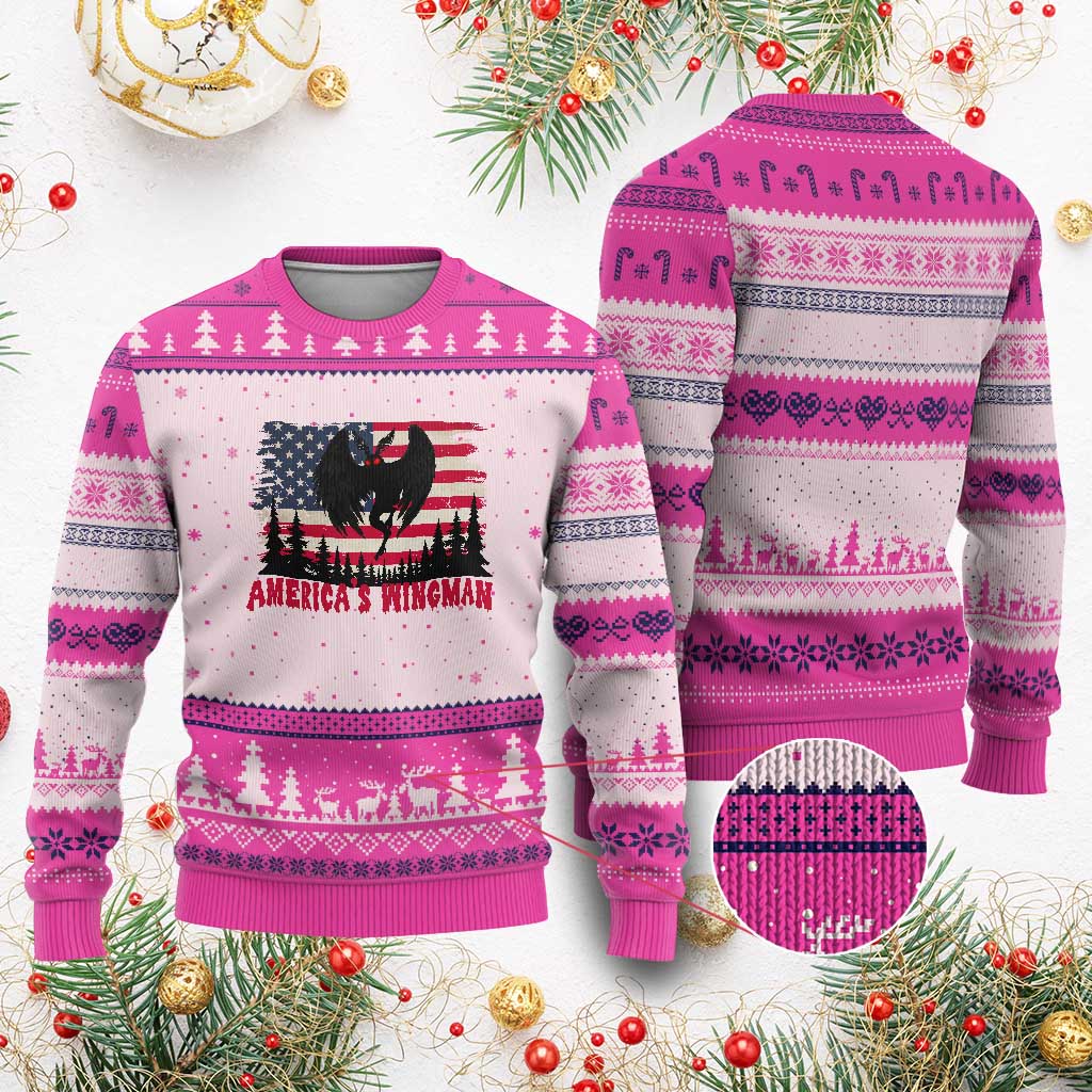 Mothman Americas Wingman Ugly Christmas Sweater Funny Patriotic Cryptid TS12 Hot Pink Print Your Wear