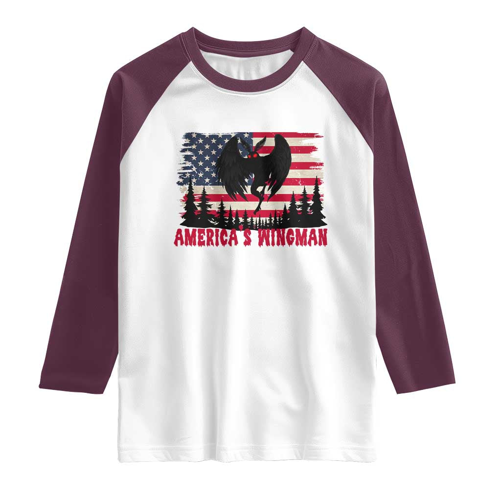 Mothman Americas Wingman Raglan Shirt Funny Patriotic Cryptid TS12 White Maroon Print Your Wear