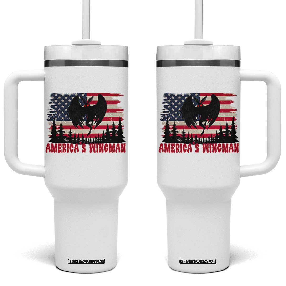 Mothman Americas Wingman Tumbler With Handle Funny Patriotic Cryptid TS12 One Size: 40 oz White Print Your Wear