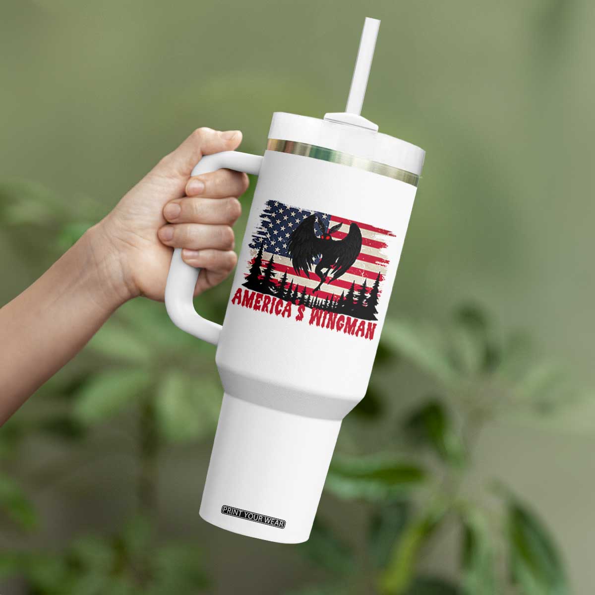 Mothman Americas Wingman Tumbler With Handle Funny Patriotic Cryptid TS12 Print Your Wear