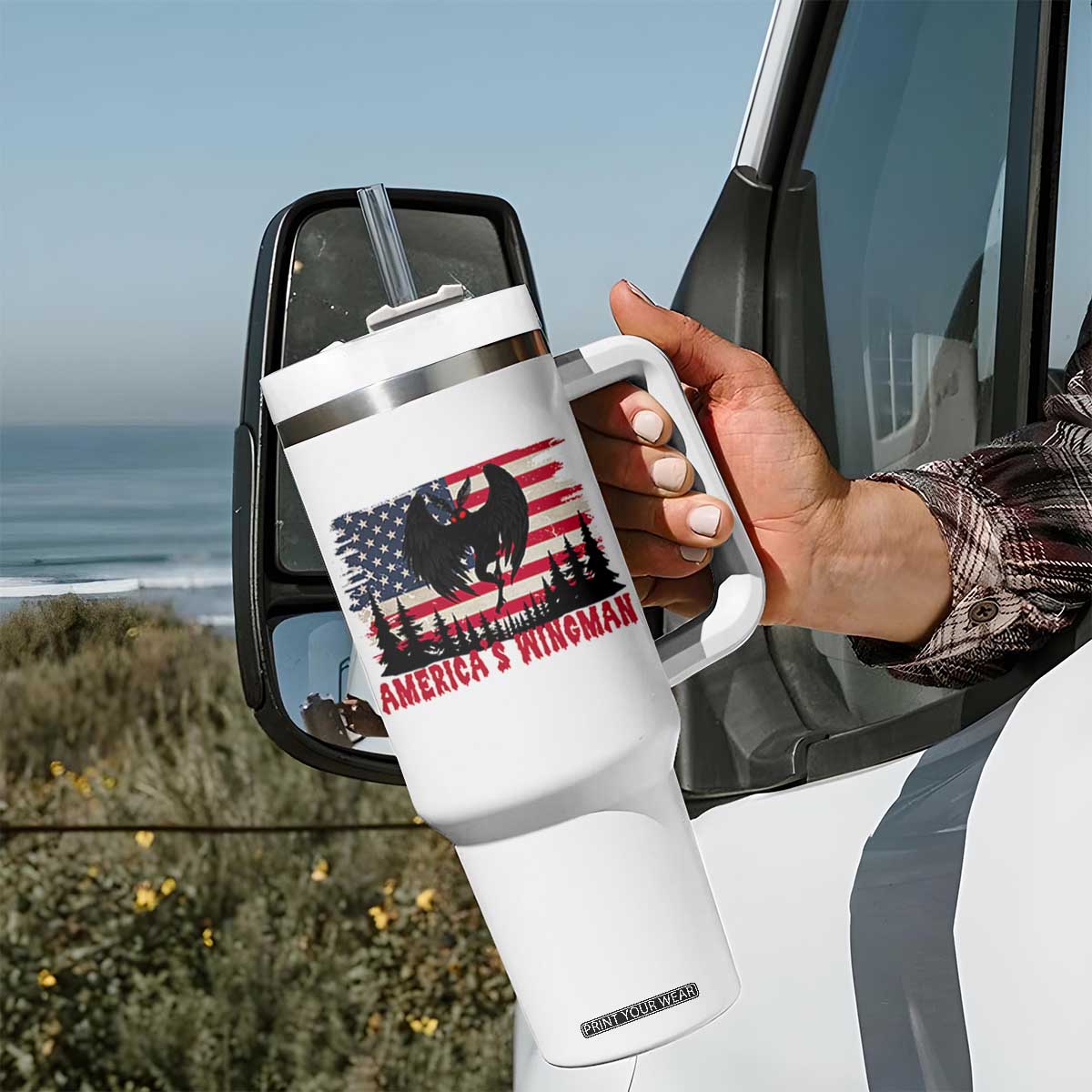 Mothman Americas Wingman Tumbler With Handle Funny Patriotic Cryptid TS12 Print Your Wear