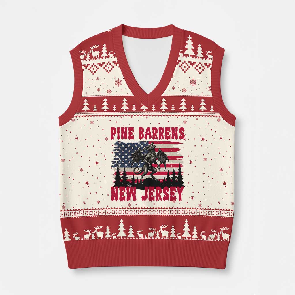 Patriotic Jersey Devil V-Neck Knit Sweater Vest Pine Barrens New Jersey Cryptid TS12 Beige Red Print Your Wear
