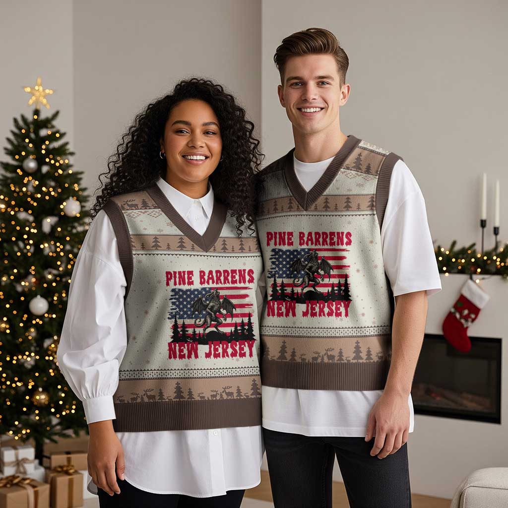 Patriotic Jersey Devil V-Neck Knit Sweater Vest Pine Barrens New Jersey Cryptid TS12 Mocha Mousse Print Your Wear