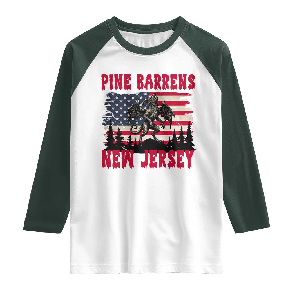 Patriotic Jersey Devil Raglan Shirt Pine Barrens New Jersey Cryptid TS12 White Dark Forest Green Print Your Wear