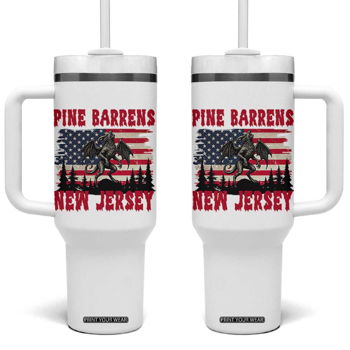 Patriotic Jersey Devil Tumbler With Handle Pine Barrens New Jersey Cryptid TS12 One Size: 40 oz White Print Your Wear