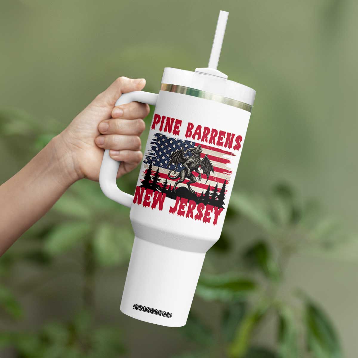 Patriotic Jersey Devil Tumbler With Handle Pine Barrens New Jersey Cryptid TS12 Print Your Wear