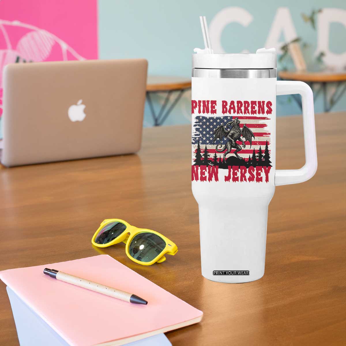 Patriotic Jersey Devil Tumbler With Handle Pine Barrens New Jersey Cryptid TS12 Print Your Wear