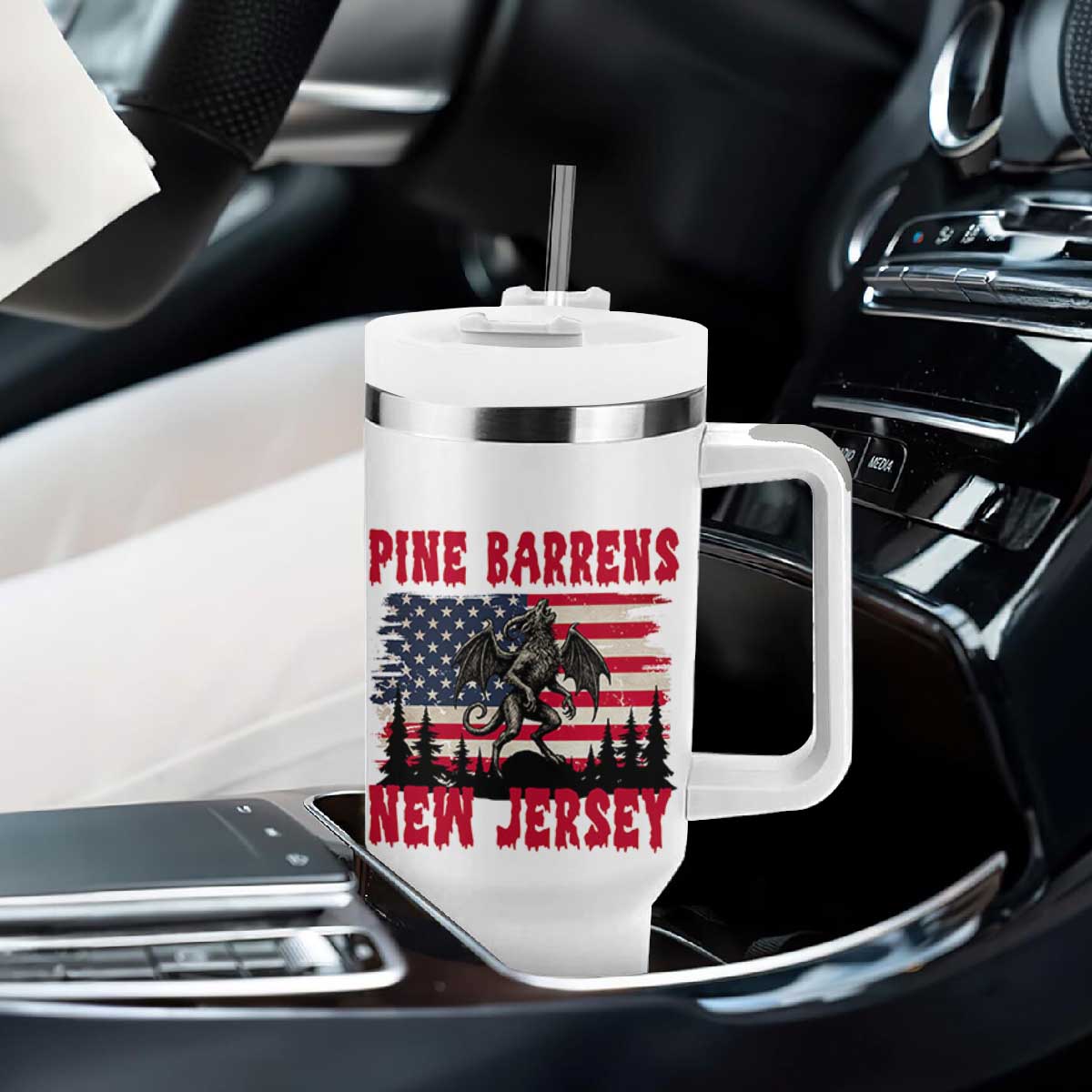 Patriotic Jersey Devil Tumbler With Handle Pine Barrens New Jersey Cryptid TS12 Print Your Wear