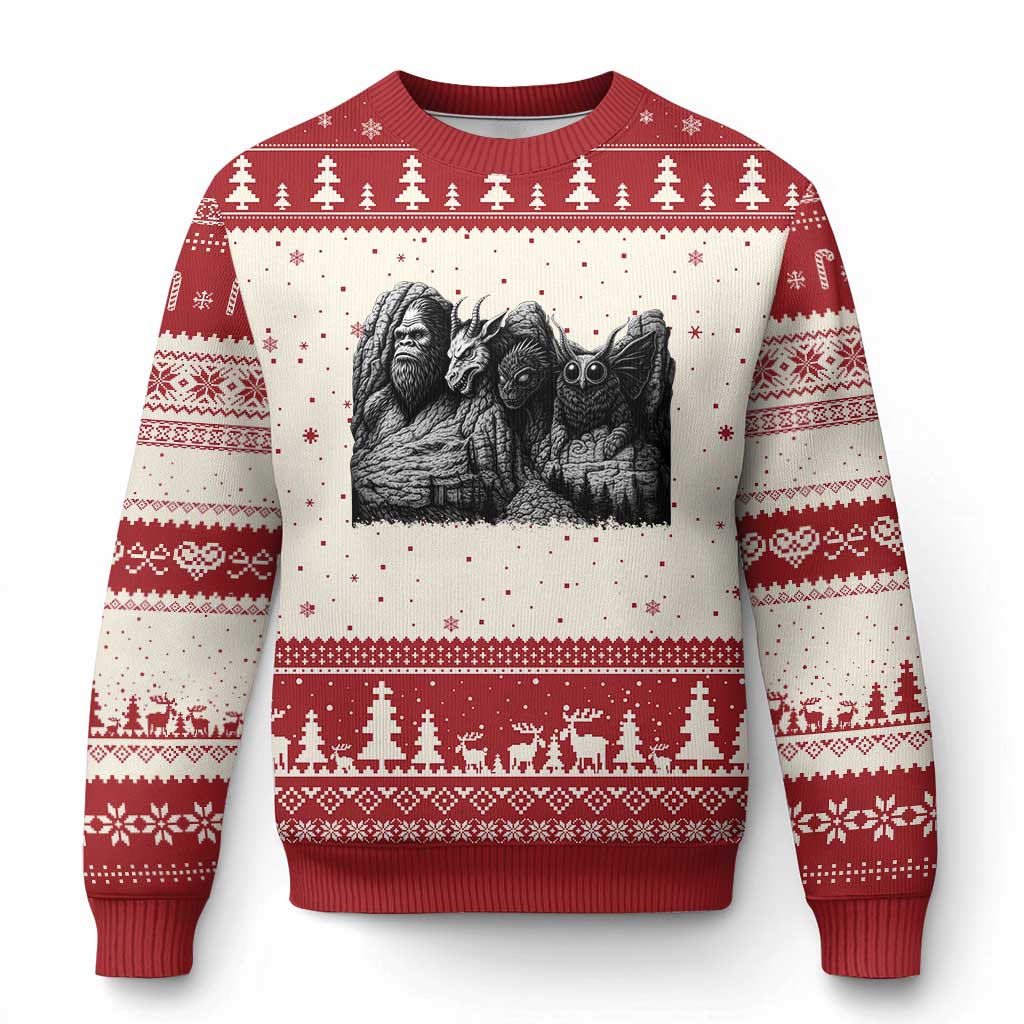 Cryptid Mount Rushmore Ugly Christmas Sweater Bigfoot Mothman Jersey Devil Chupacabra TS12 Beige Red Print Your Wear