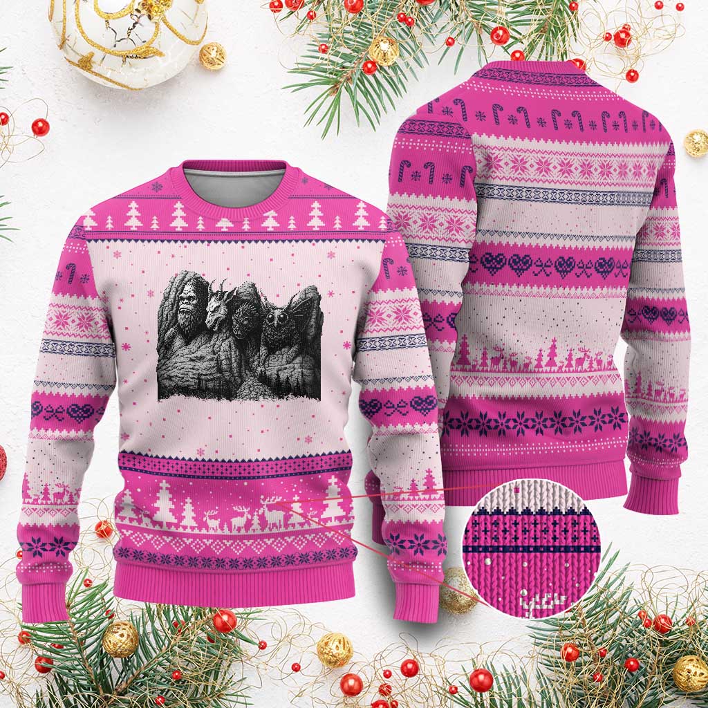 Cryptid Mount Rushmore Ugly Christmas Sweater Bigfoot Mothman Jersey Devil Chupacabra TS12 Hot Pink Print Your Wear
