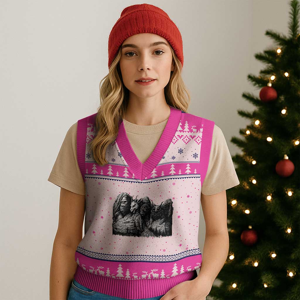 Cryptid Mount Rushmore V-Neck Knit Sweater Vest Bigfoot Mothman Jersey Devil Chupacabra TS12 Hot Pink Print Your Wear