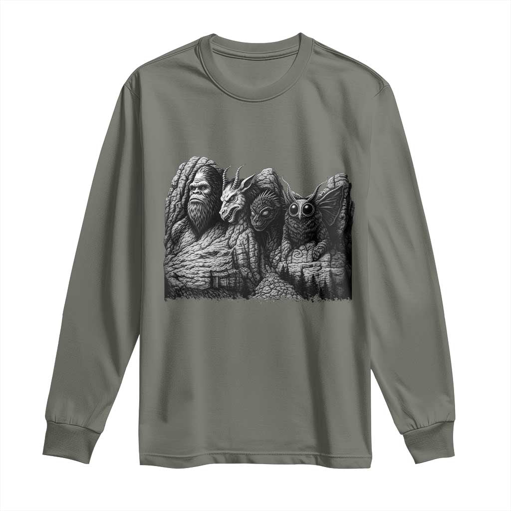 Cryptid Mount Rushmore Long Sleeve Shirt Bigfoot Mothman Jersey Devil Chupacabra TS12 Military Green Print Your Wear