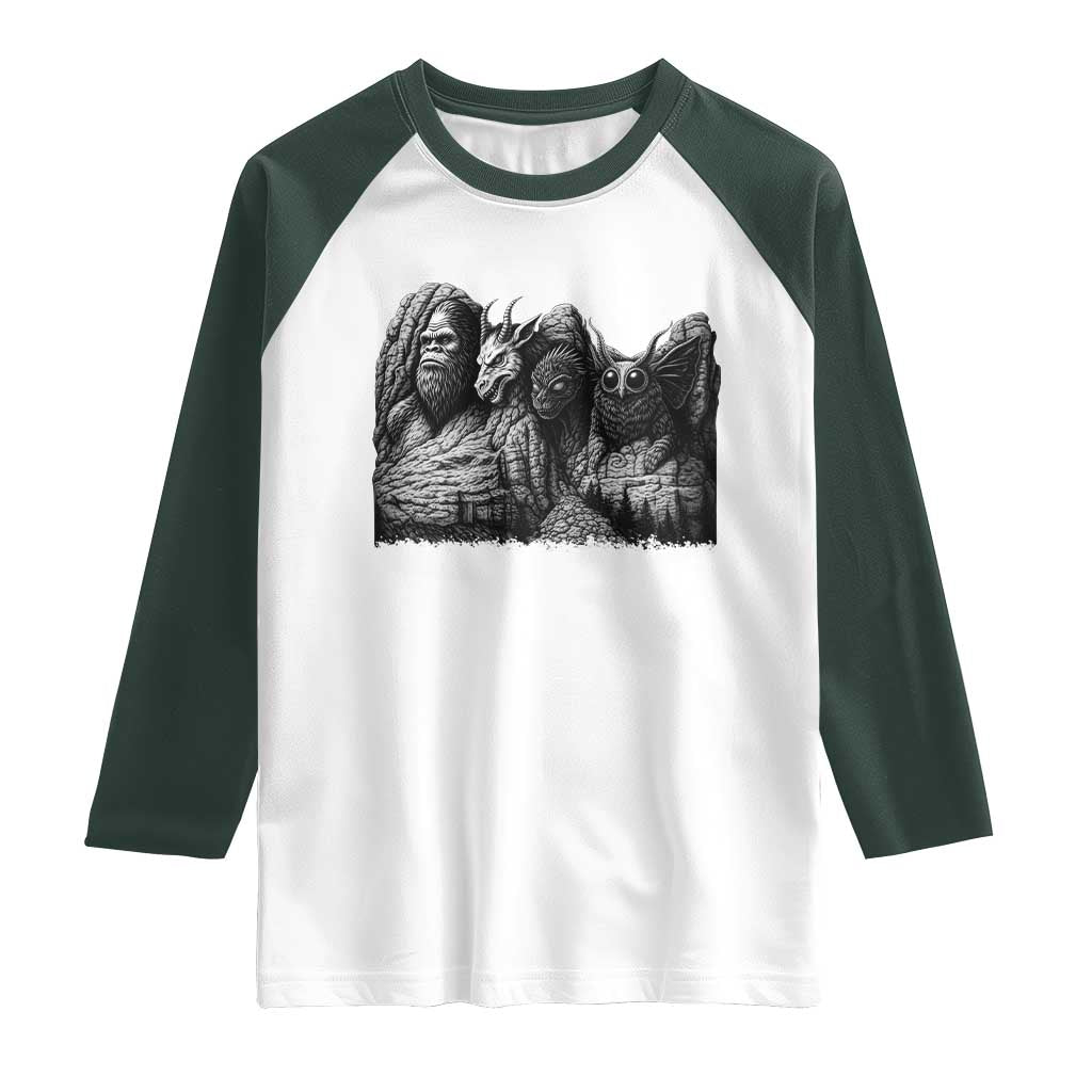 Cryptid Mount Rushmore Raglan Shirt Bigfoot Mothman Jersey Devil Chupacabra TS12 White Dark Forest Green Print Your Wear