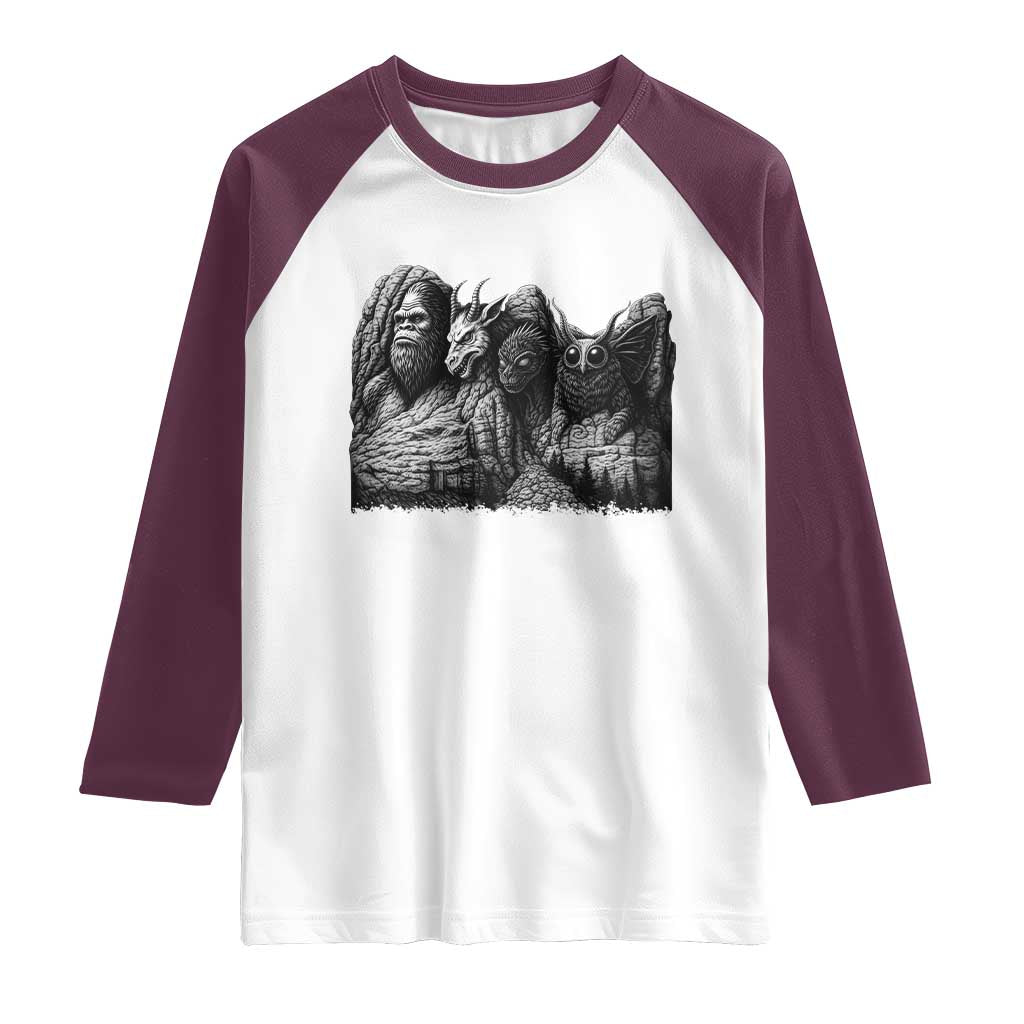 Cryptid Mount Rushmore Raglan Shirt Bigfoot Mothman Jersey Devil Chupacabra TS12 White Maroon Print Your Wear