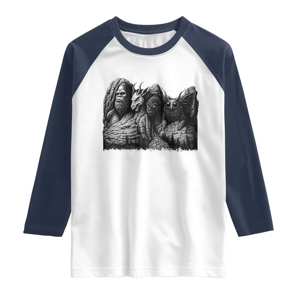 Cryptid Mount Rushmore Raglan Shirt Bigfoot Mothman Jersey Devil Chupacabra TS12 White Navy Print Your Wear