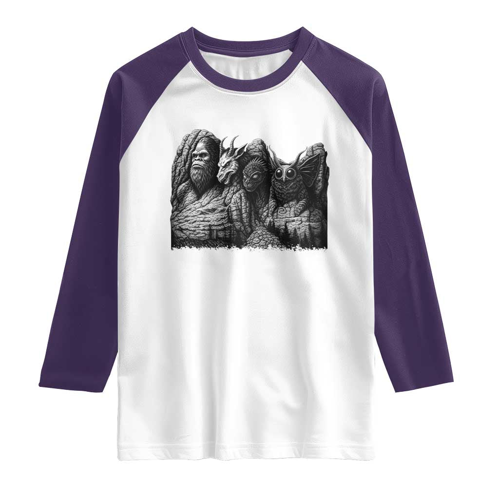 Cryptid Mount Rushmore Raglan Shirt Bigfoot Mothman Jersey Devil Chupacabra TS12 White Purple Print Your Wear