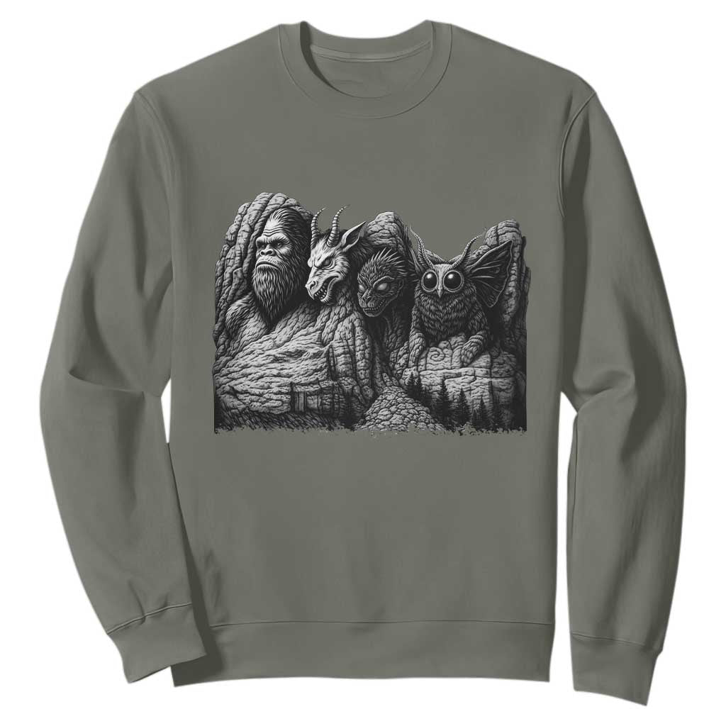 Cryptid Mount Rushmore Sweatshirt Bigfoot Mothman Jersey Devil Chupacabra TS12 Military Green Print Your Wear