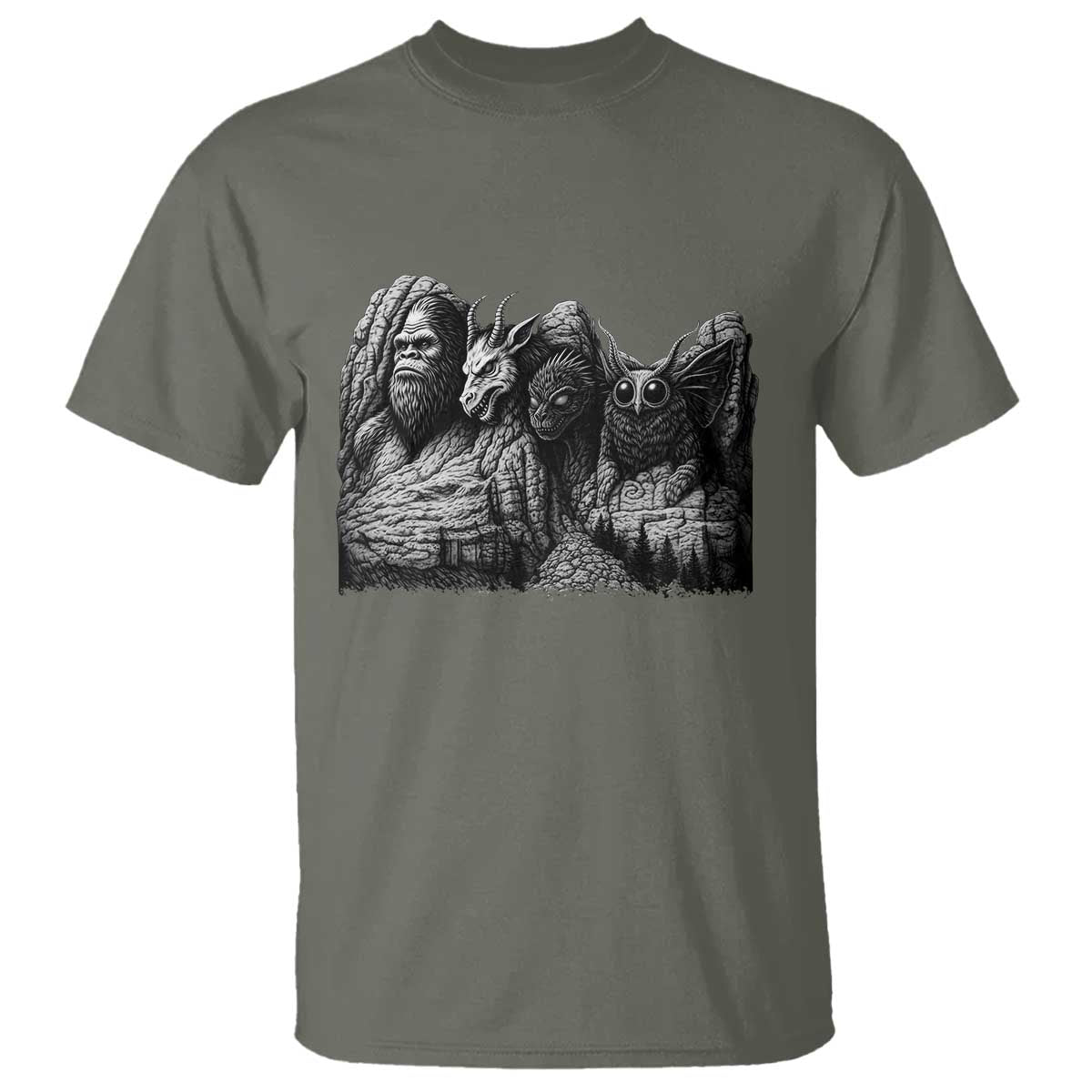 Cryptid Mount Rushmore T Shirt Bigfoot Mothman Jersey Devil Chupacabra TS12 Military Green Print Your Wear