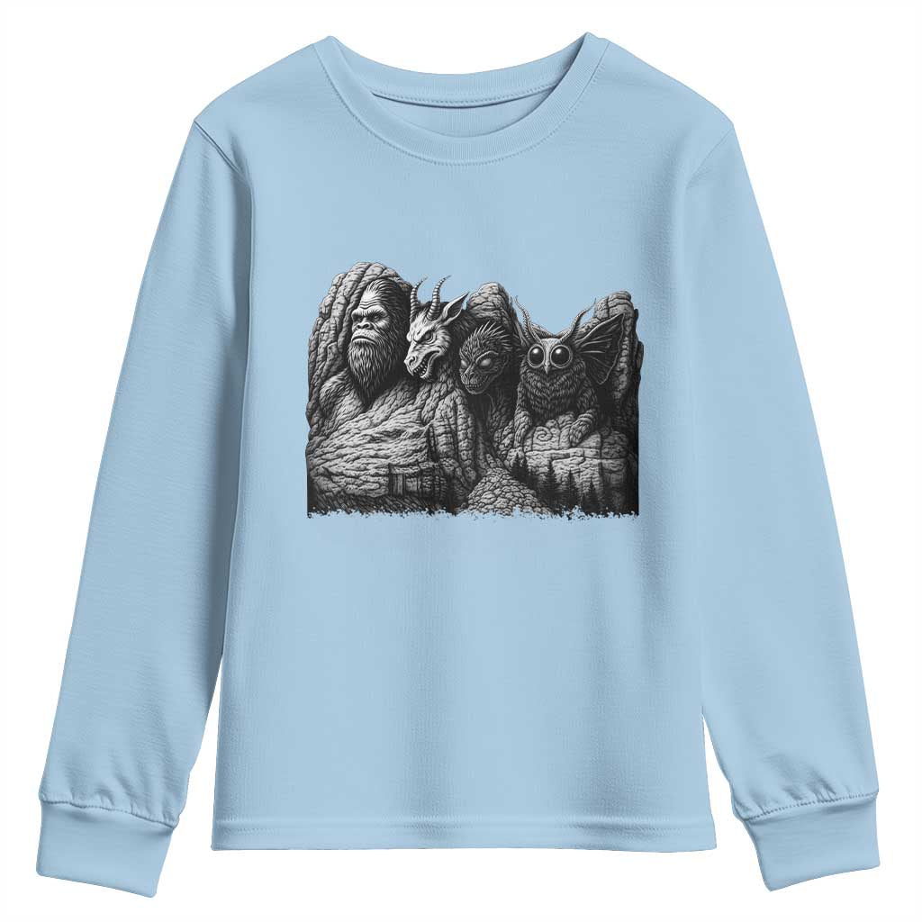 Cryptid Mount Rushmore Youth Sweatshirt Bigfoot Mothman Jersey Devil Chupacabra TS12 Light Blue Print Your Wear