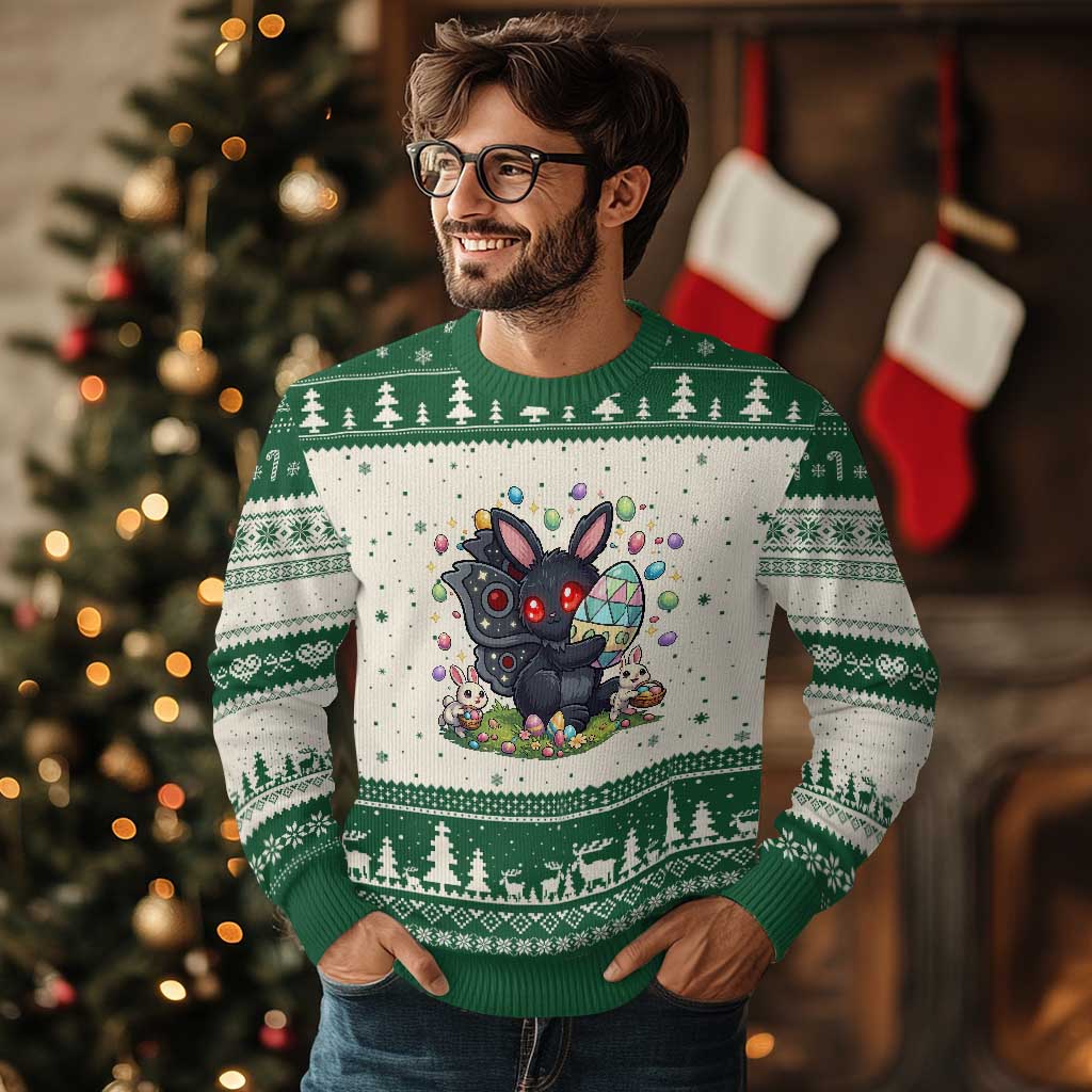 Funny Mothman Easter Bunny Ears Ugly Christmas Sweater Cryptid Lover Gift TS12 Beige Green Print Your Wear