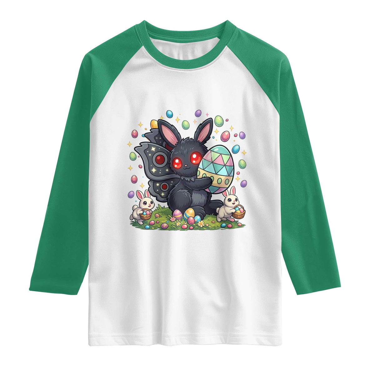Funny Mothman Easter Bunny Ears Raglan Shirt Cryptid Lover Gift TS12 White Kelly Green Print Your Wear