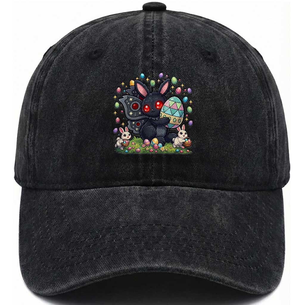 Funny Mothman Easter Bunny Ears Washed Cotton Baseball Cap Cryptid Lover Gift TS12 Washed Cap Universal Fit Black Print Your Wear