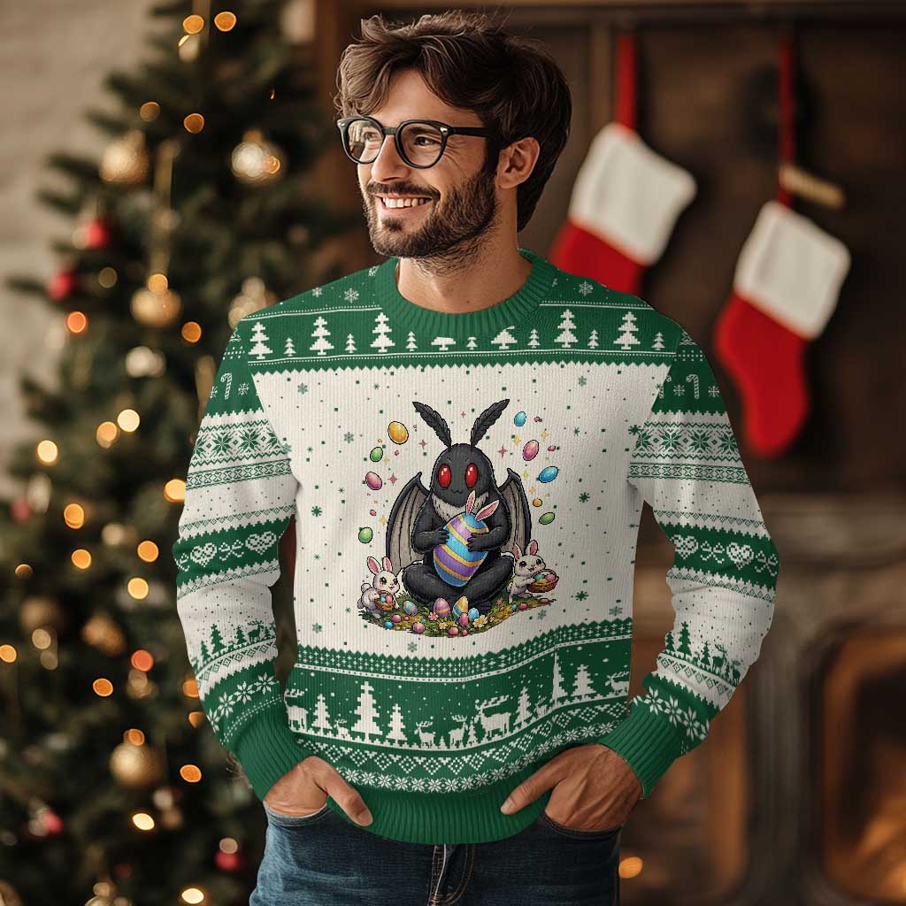 Mothman Easter Bunny Ugly Christmas Sweater Funny West Virginia Cryptid Lover Gift TS12 Beige Green Print Your Wear