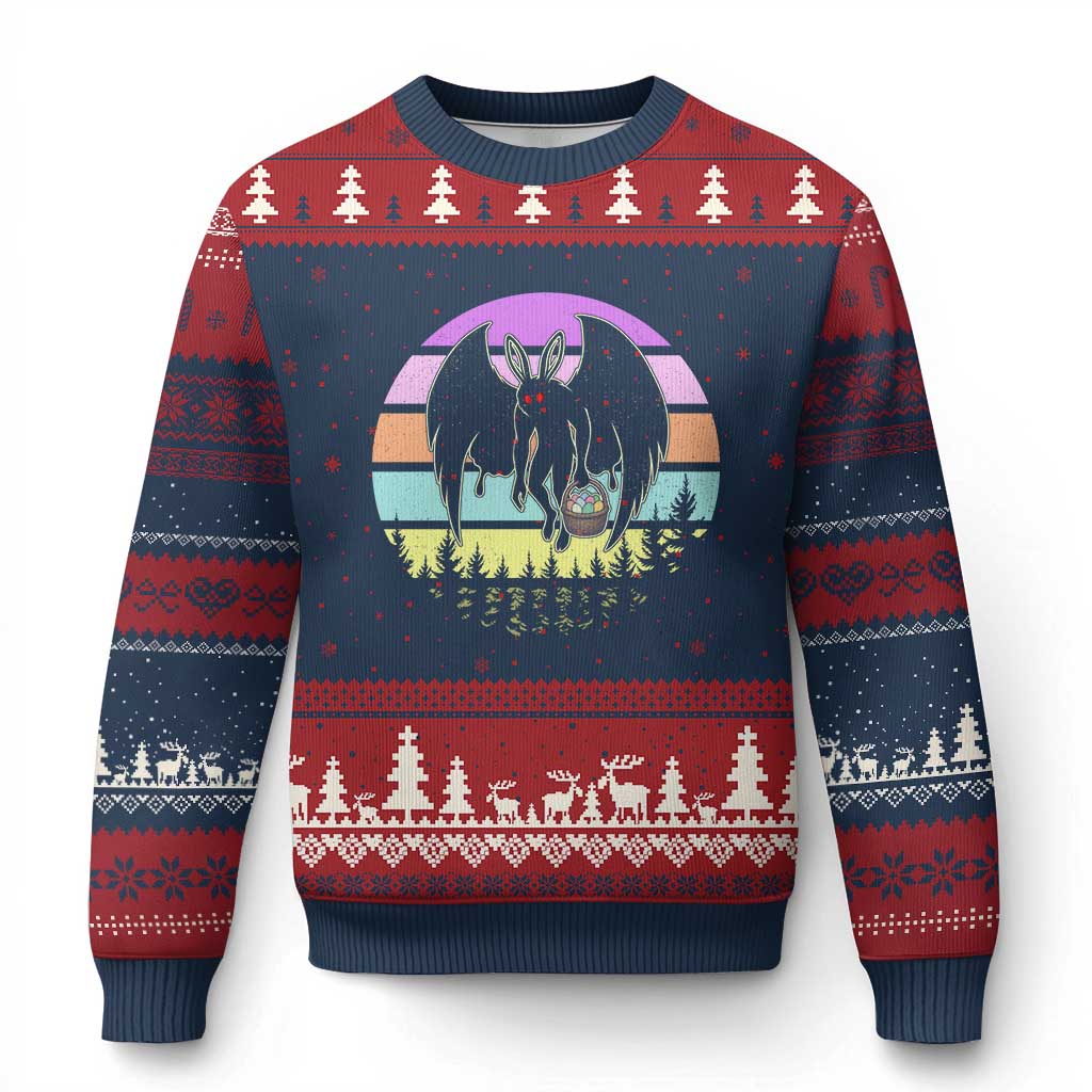 Retro Sunset Mothman Easter Egg Hunt Ugly Christmas Sweater Cryptid Lover Gift TS12 Navy Red Print Your Wear
