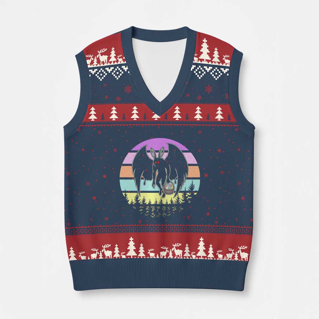 Retro Sunset Mothman Easter Egg Hunt V-Neck Knit Sweater Vest Cryptid Lover Gift TS12 Navy Red Print Your Wear