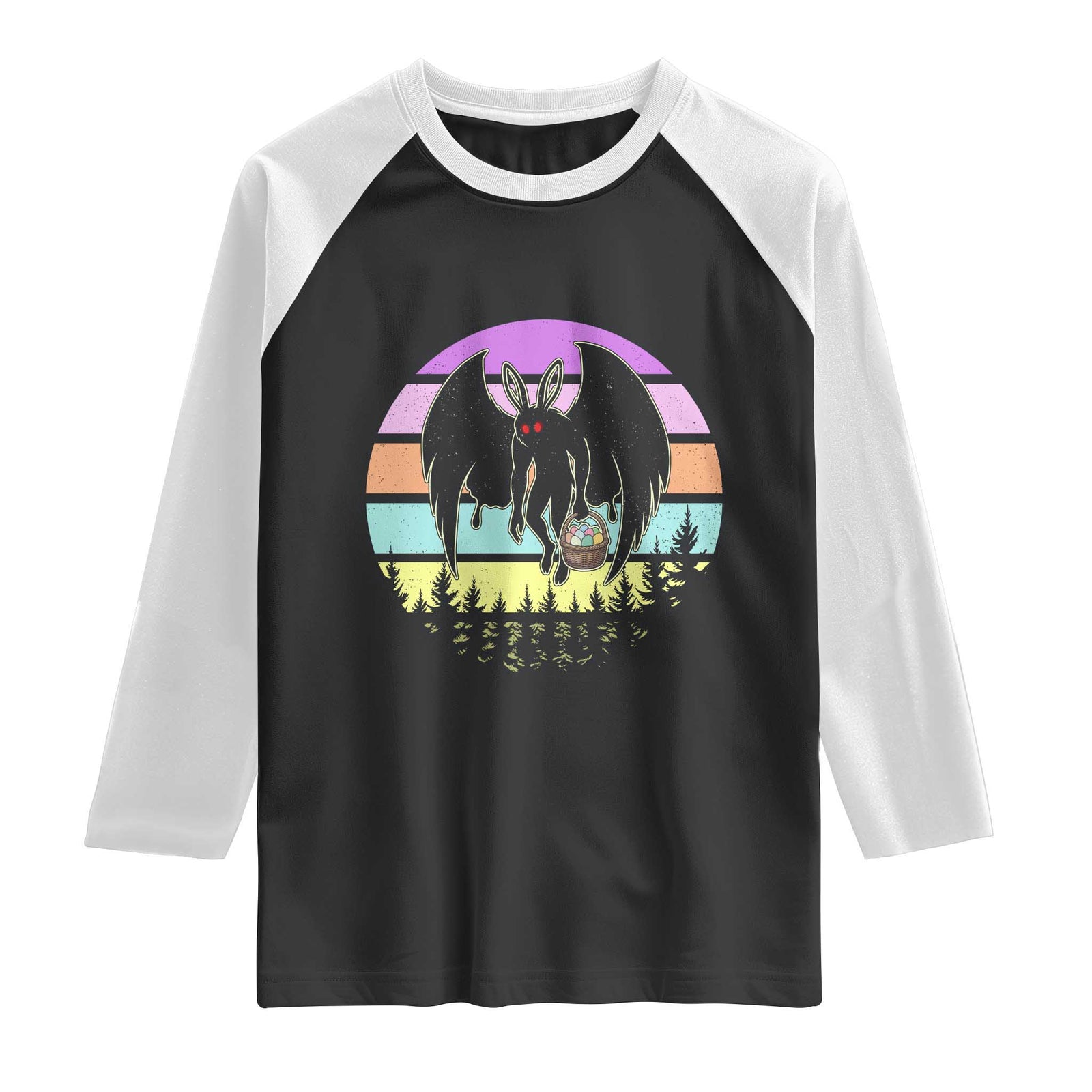 Retro Sunset Mothman Easter Egg Hunt Raglan Shirt Cryptid Lover Gift TS12 Black White Print Your Wear