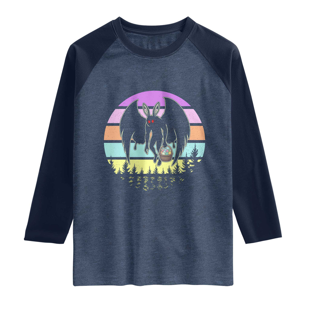 Retro Sunset Mothman Easter Egg Hunt Raglan Shirt Cryptid Lover Gift TS12 Heather Denim Navy Print Your Wear