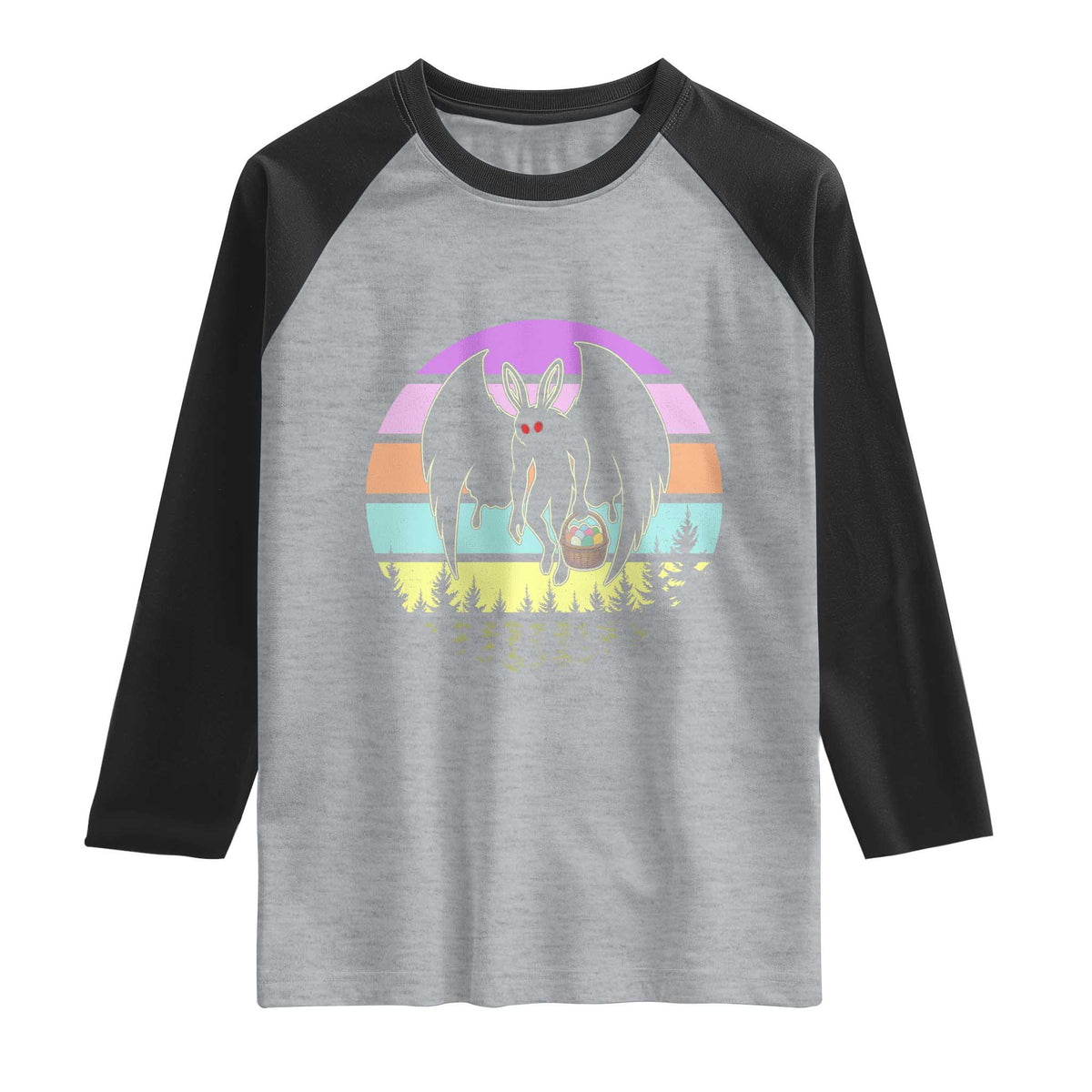 Retro Sunset Mothman Easter Egg Hunt Raglan Shirt Cryptid Lover Gift TS12 Heather Gray Black Print Your Wear