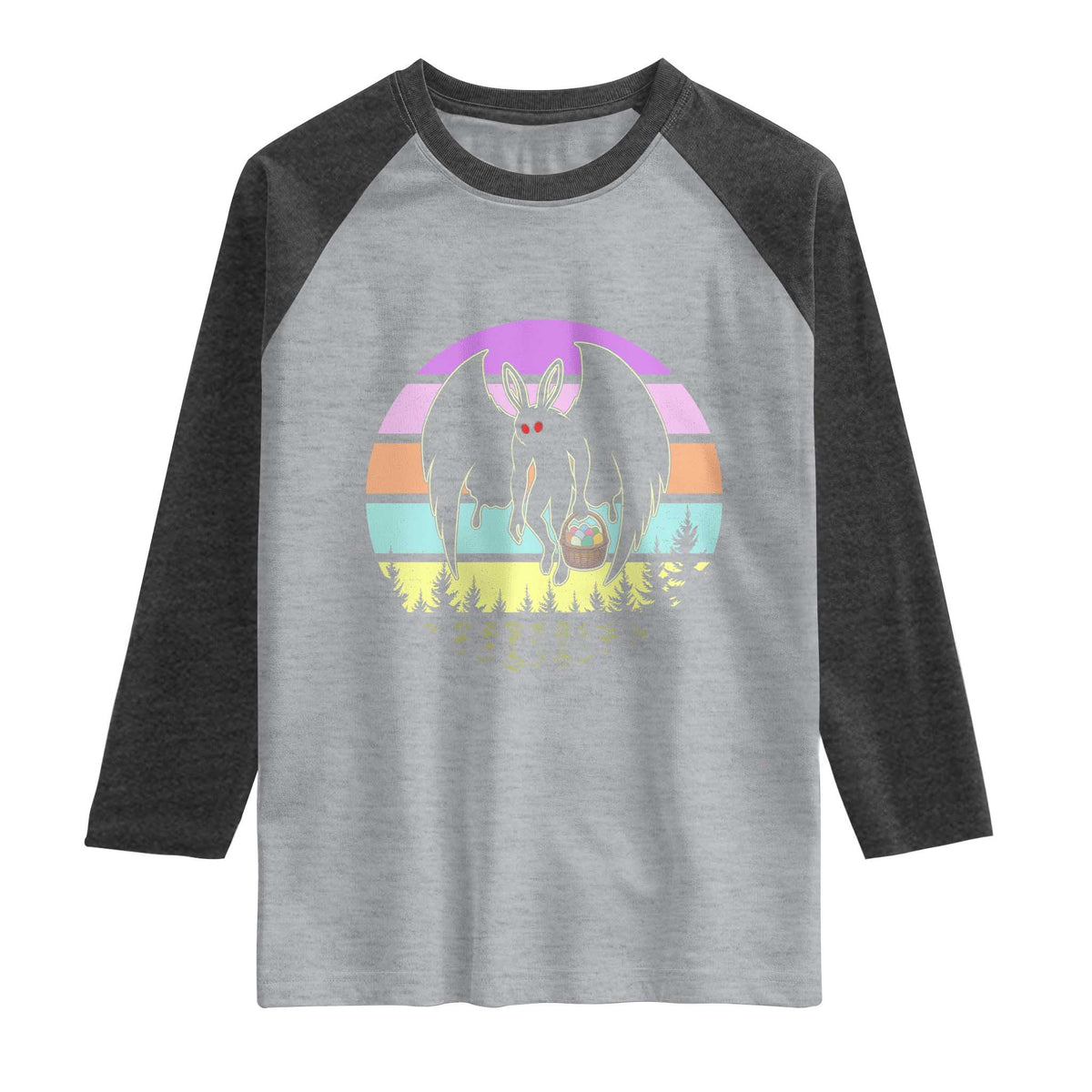 Retro Sunset Mothman Easter Egg Hunt Raglan Shirt Cryptid Lover Gift TS12 Heather Gray Heather Charcoal Print Your Wear