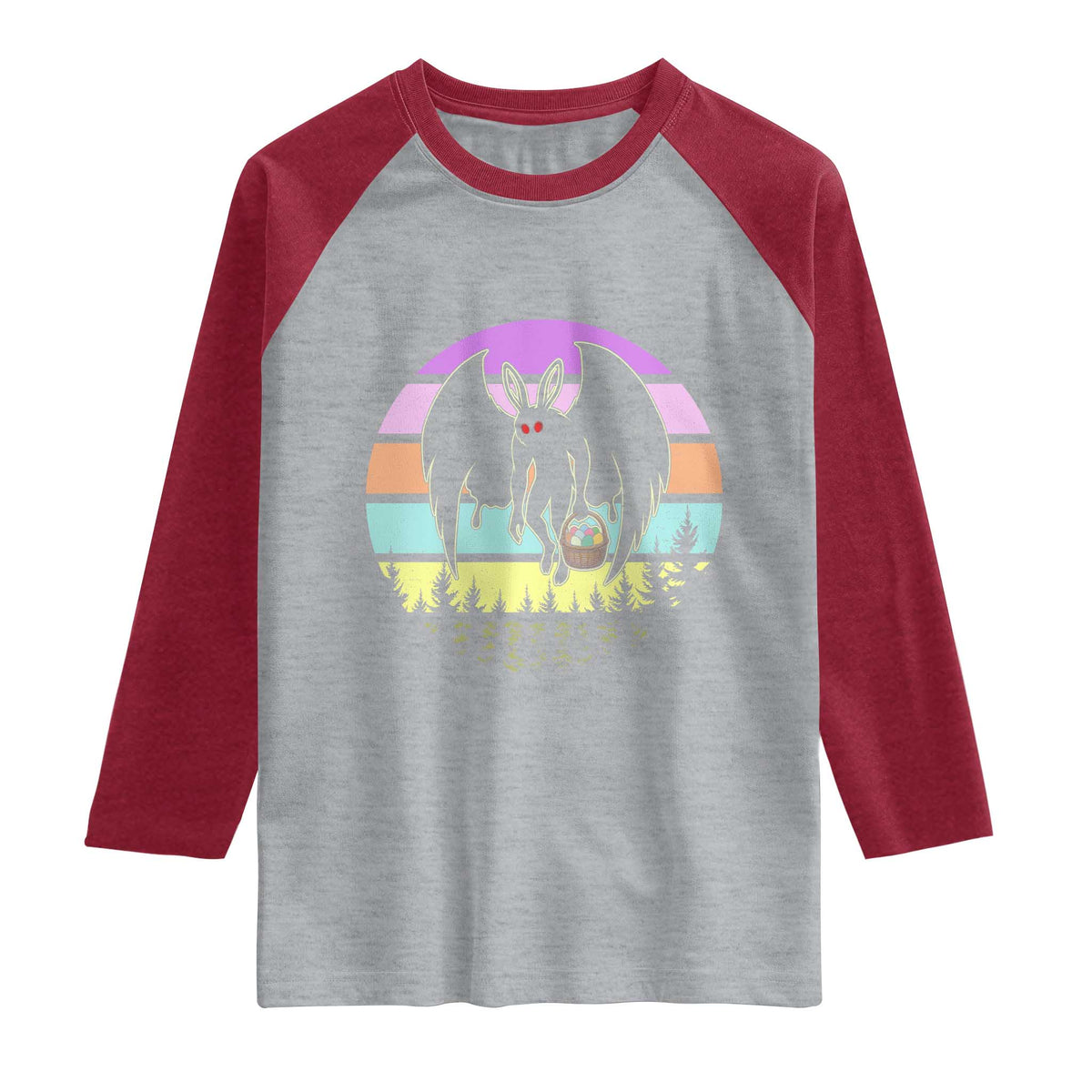 Retro Sunset Mothman Easter Egg Hunt Raglan Shirt Cryptid Lover Gift TS12 Heather Gray Heather Red Print Your Wear