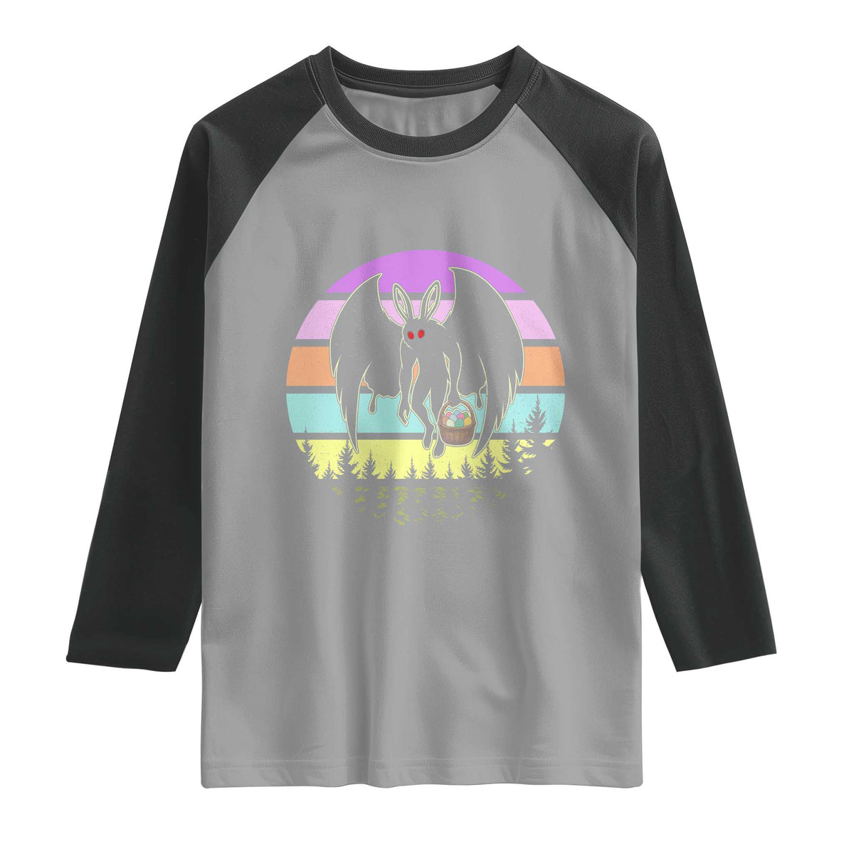 Retro Sunset Mothman Easter Egg Hunt Raglan Shirt Cryptid Lover Gift TS12 Sport Gray Black Print Your Wear