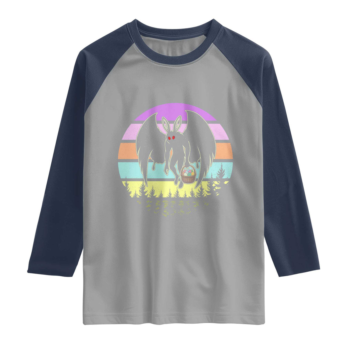 Retro Sunset Mothman Easter Egg Hunt Raglan Shirt Cryptid Lover Gift TS12 Sport Gray Navy Print Your Wear