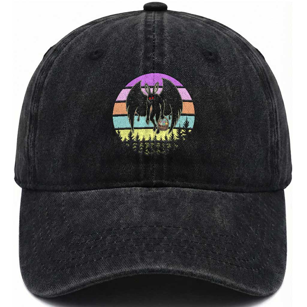 Retro Sunset Mothman Easter Egg Hunt Washed Cotton Baseball Cap Cryptid Lover Gift TS12 Washed Cap Universal Fit Black Print Your Wear