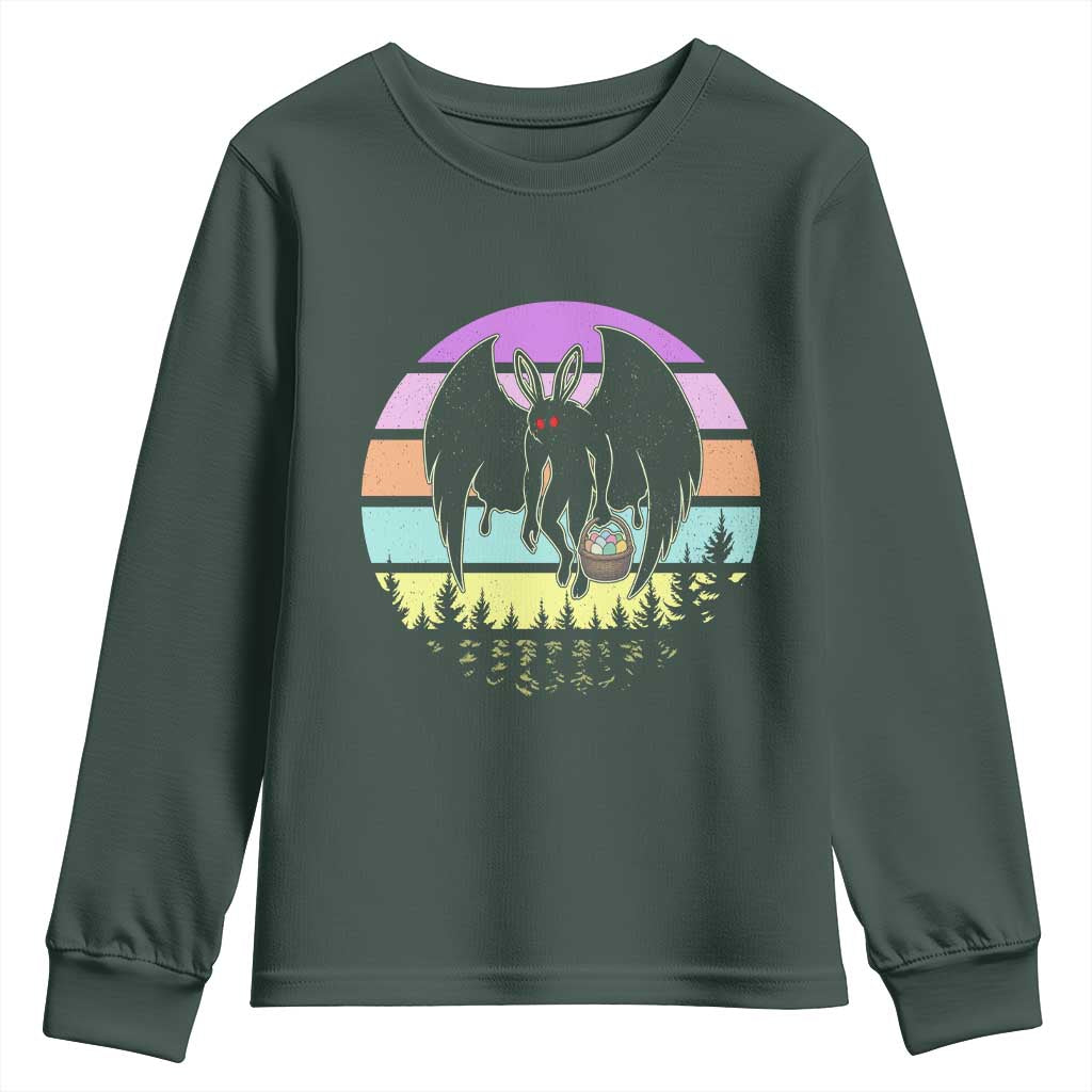 Retro Sunset Mothman Easter Egg Hunt Youth Sweatshirt Cryptid Lover Gift TS12 Dark Forest Green Print Your Wear