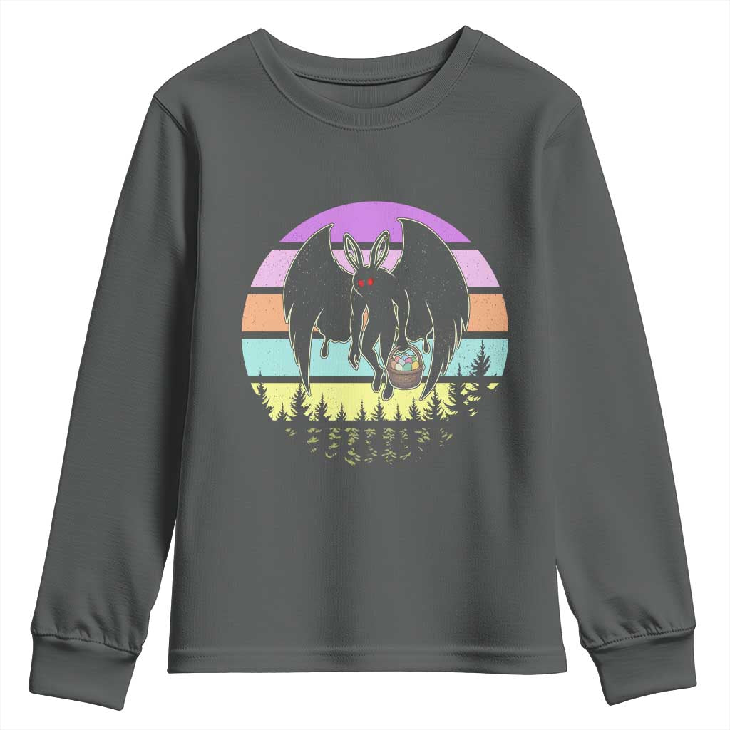 Retro Sunset Mothman Easter Egg Hunt Youth Sweatshirt Cryptid Lover Gift TS12 Dark Heather Print Your Wear