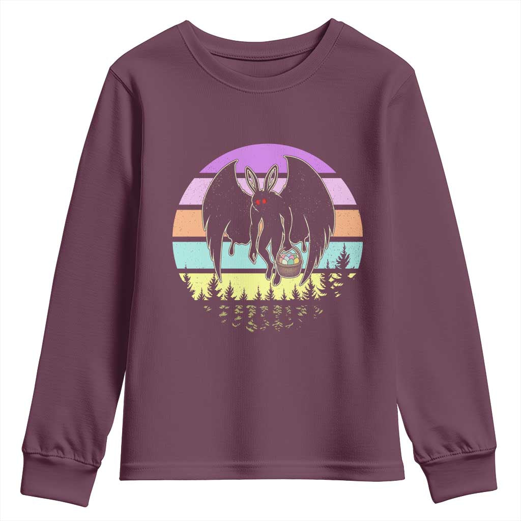 Retro Sunset Mothman Easter Egg Hunt Youth Sweatshirt Cryptid Lover Gift TS12 Maroon Print Your Wear