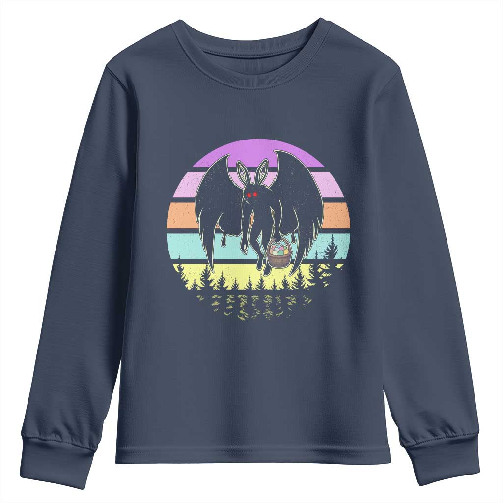 Retro Sunset Mothman Easter Egg Hunt Youth Sweatshirt Cryptid Lover Gift TS12 Navy Print Your Wear