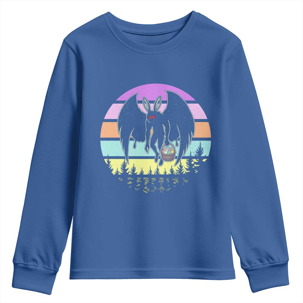 Retro Sunset Mothman Easter Egg Hunt Youth Sweatshirt Cryptid Lover Gift TS12 Royal Blue Print Your Wear