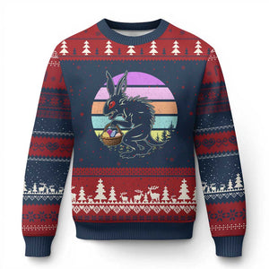 Retro Sunset Chupacabra Easter Egg Hunt Ugly Christmas Sweater Cryptid Lover Gift TS12 Navy Red Print Your Wear