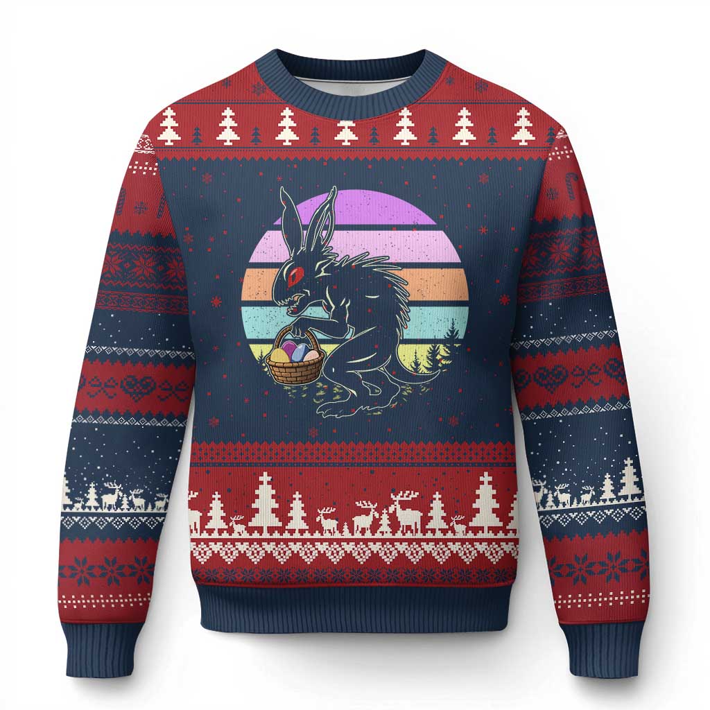 Retro Sunset Chupacabra Easter Egg Hunt Ugly Christmas Sweater Cryptid Lover Gift TS12 Navy Red Print Your Wear