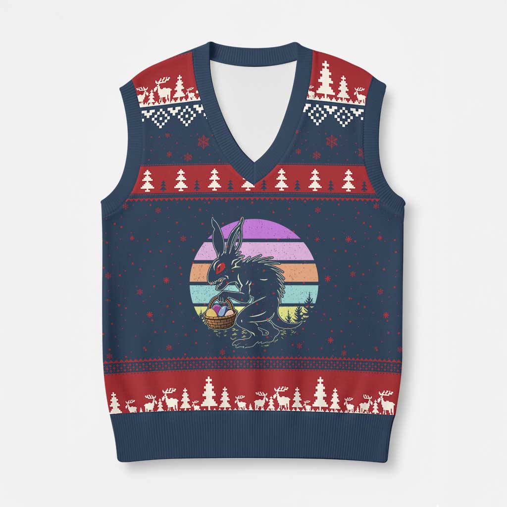 Retro Sunset Chupacabra Easter Egg Hunt V-Neck Knit Sweater Vest Cryptid Lover Gift TS12 Navy Red Print Your Wear