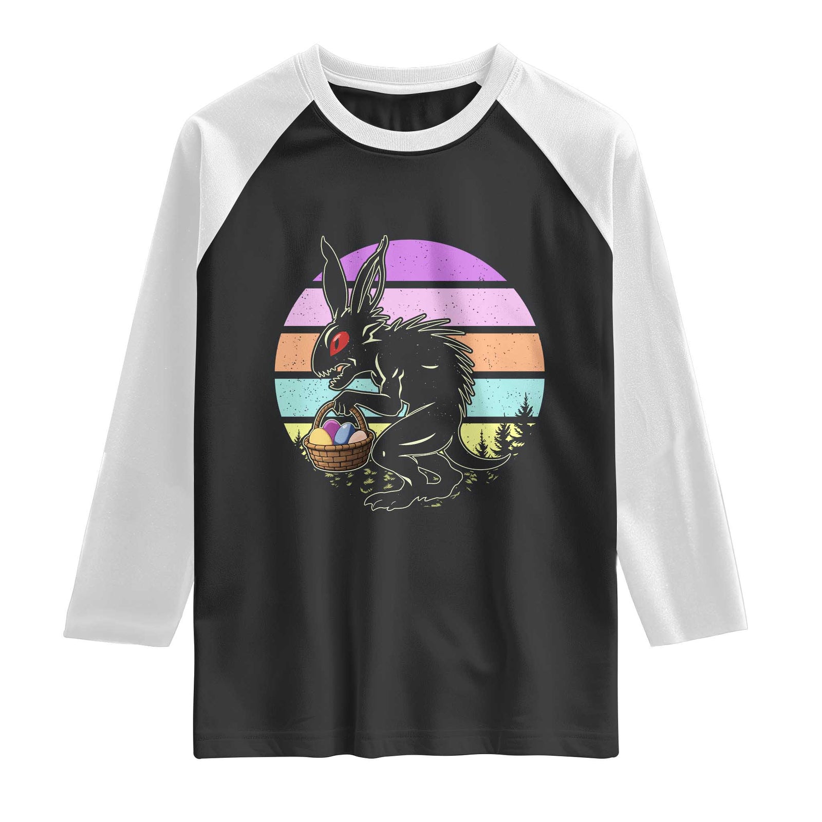 Retro Sunset Chupacabra Easter Egg Hunt Raglan Shirt Cryptid Lover Gift TS12 Black White Print Your Wear