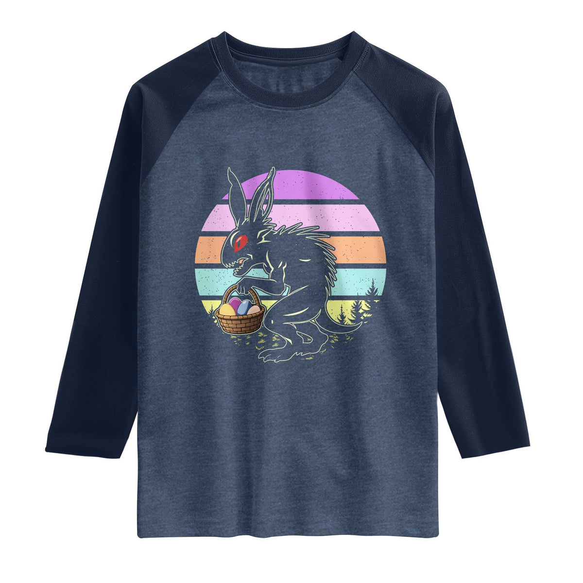 Retro Sunset Chupacabra Easter Egg Hunt Raglan Shirt Cryptid Lover Gift TS12 Heather Denim Navy Print Your Wear