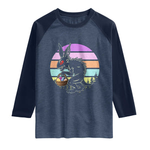 Retro Sunset Chupacabra Easter Egg Hunt Raglan Shirt Cryptid Lover Gift TS12 Heather Denim Navy Print Your Wear